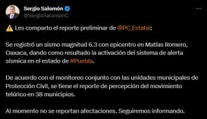 Perceptible sismo 6.0 de Oaxaca en 38 municipios de Puebla: Sergio Salomón