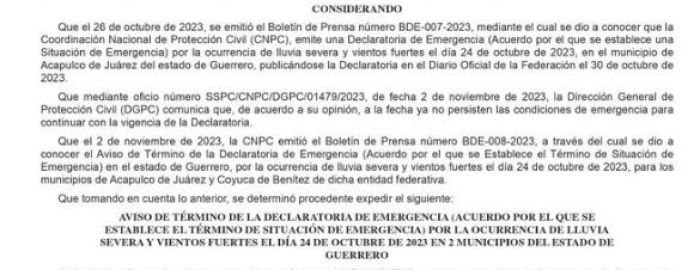 Anuncia Federación fin de emergencia en Guerrero