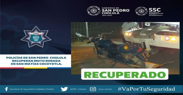 Recuperan moto robada en San Matías Cocoyotla