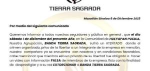 Secuestran a integrante de Banda Tierra Sagrada; no volverán a Puebla