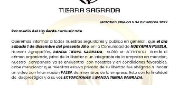 Secuestran a integrante de Banda Tierra Sagrada; no volverán a Puebla