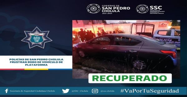 Frustran robo de vehículo de plataforma en San Pedro Cholula