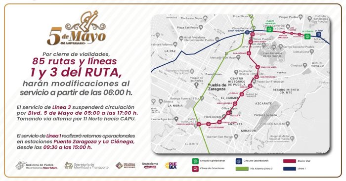 Modificarán recorridos por desfile del 5 de Mayo, transporte público y RUTA