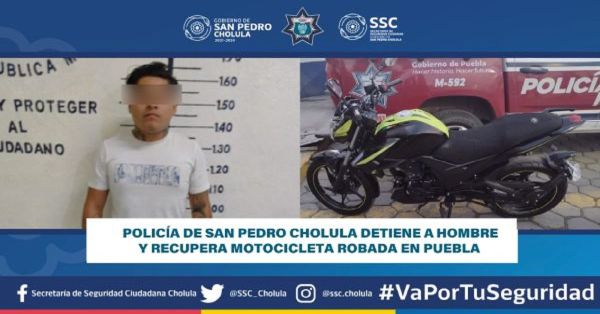 Detienen en San Pedro Cholula a un hombre y recuperan una moto robada