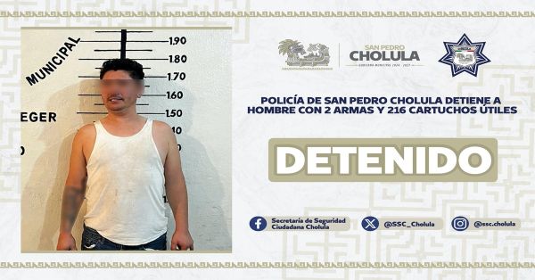 Detienen a un hombre con dos armas y 216 cartuchos útiles en Cholula