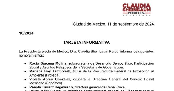 Presenta Claudia Sheinbaum 11 nuevos nombramientos para el gabinete