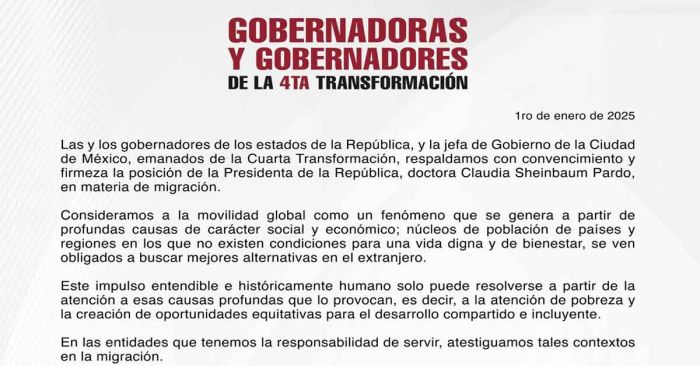 Respaldan gobernadores de Morena a Sheinbaum en materia de migración