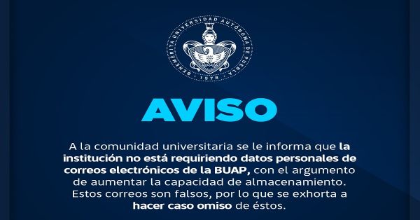 Alerta BUAP a sus alumnos para evitar abrir correo falso