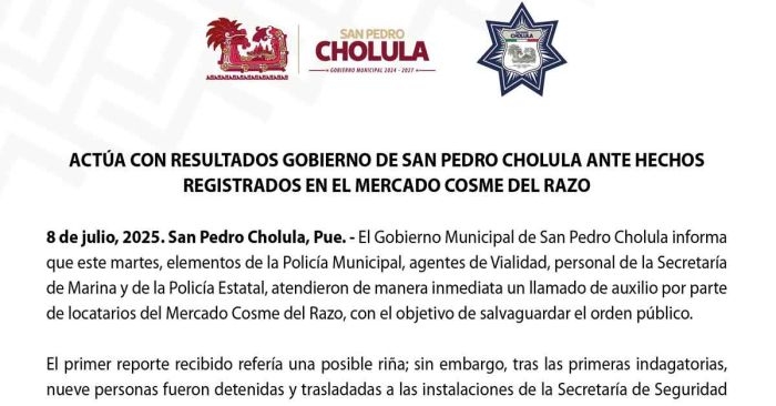 Reforzará San Pedro Cholula seguridad en mercado Cosme del Razo