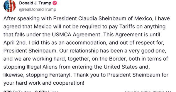 Aplaza nuevamente Trump la aplicaci&oacute;n de aranceles a miembros del T-MEC al 2 de abril