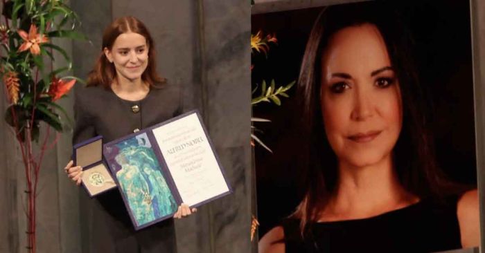 Recibe hija de Mar&iacute;a Corina Machado el Premio Nobel en Oslo