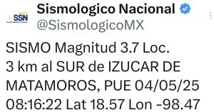 Registra Izúcar de Matamoros sismo