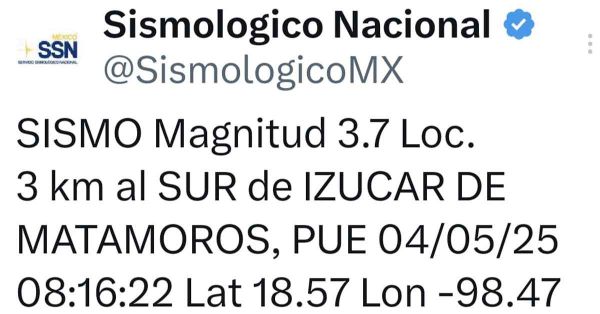 Registra Izúcar de Matamoros sismo