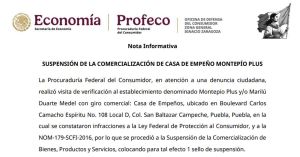 Suspenden Casa de Empeño Montepio Plus en Puebla