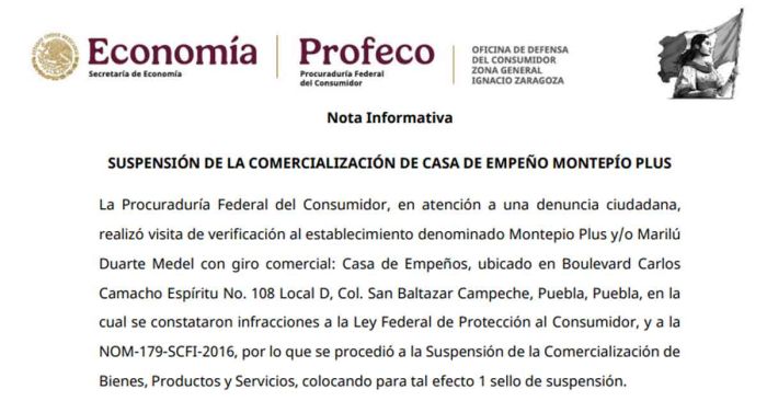 Suspenden Casa de Empe&ntilde;o Montepio Plus en Puebla