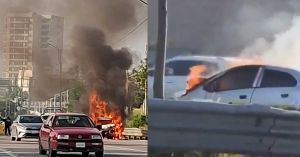 Choca y se incendia vehículo en Periférico Ecológico frente a La Vista