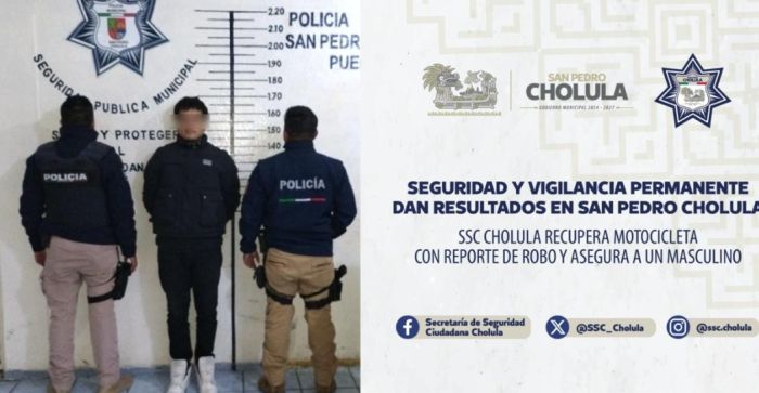 Recupera SSC Cholula motocicleta con reporte de robo y detienen a un hombre