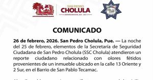 Atendi&oacute; San Pedro Cholula reporte de mujer hallada sin vida en domicilio